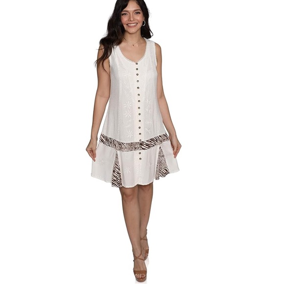 NWT Raya Sun Ivory Embroidered Boho Dress Leopard Ruffle Sz XL - Picture 3 of 10